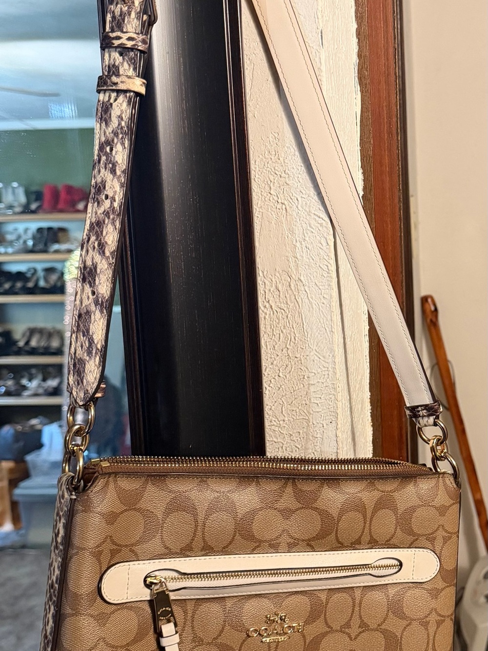 Coach Khaki Signature Canvas Crossbody with Chalk Trim